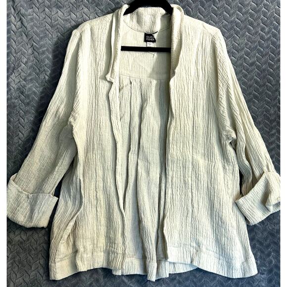 Eileen Fisher Womens Open Front Natural Linen Jacket Size S Lagenlook Boxy - Picture 1 of 4